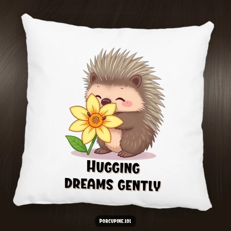Funny porcupine pillow featuring a porcupine with retracted quills trying to hug a flower, perfect for gentle, humorous decor.