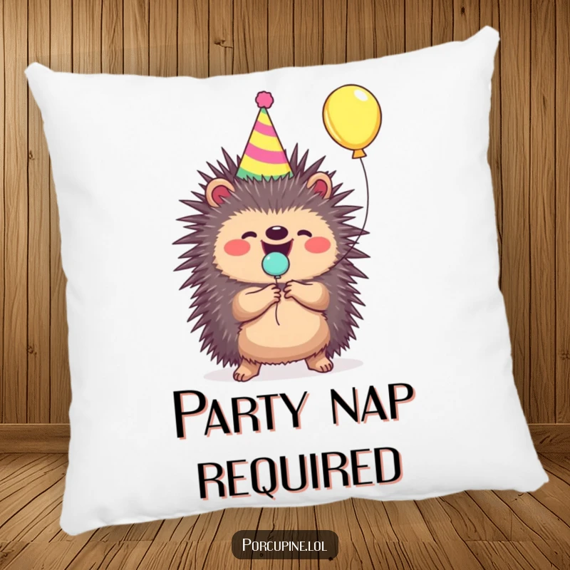 Funny porcupine pillow wearing a party hat, joyfully popping a balloon, soft and festive.
