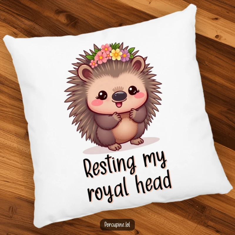 Funny Kawaii Porcupine Pillow: A soft pillow featuring a pleased porcupine crowned with flowers, offering cozy comfort and adorable prickly charm.