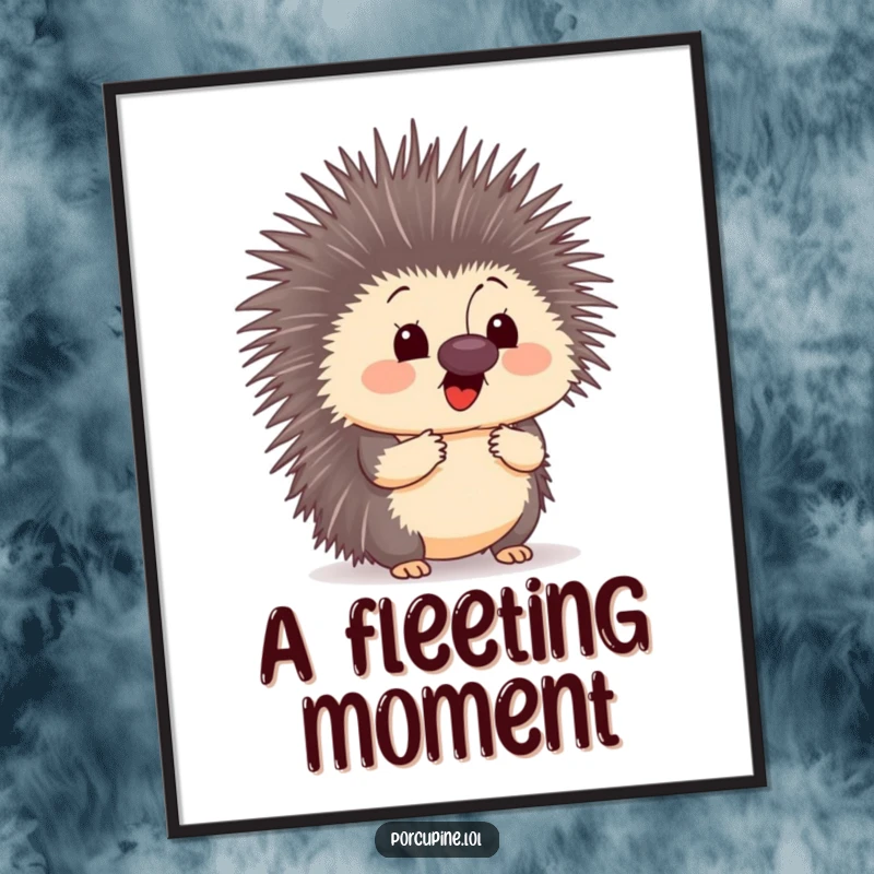 Funny digital art print showing a surprised porcupine with a butterfly on its nose, perfect for decor celebrating whimsical moments.
