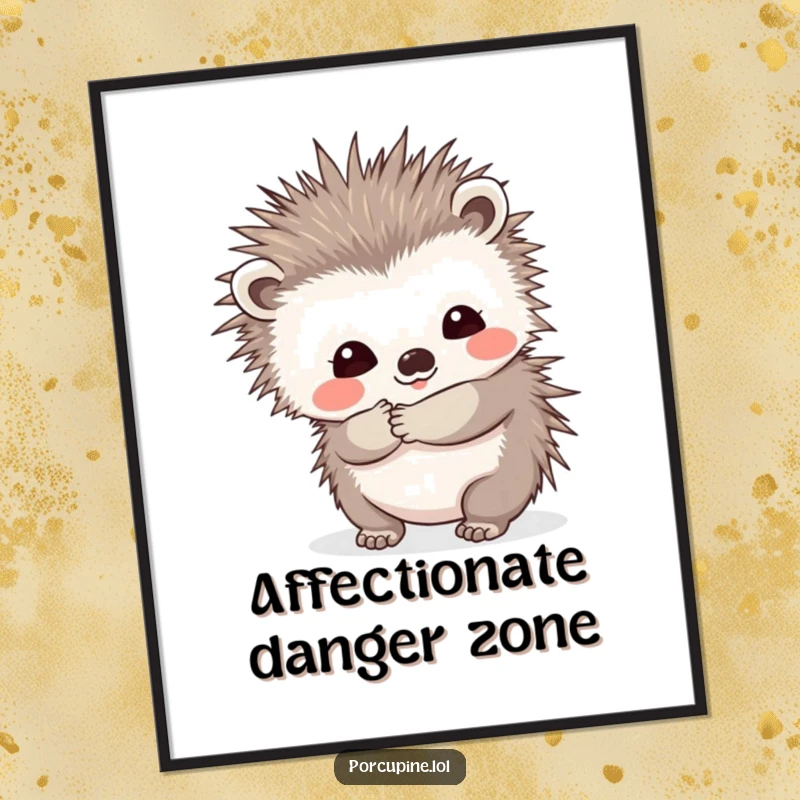Funny digital art print of a porcupine offering a prickly hug with a shy smile, ready to instantly add warm humor and affectionate charm to any space.