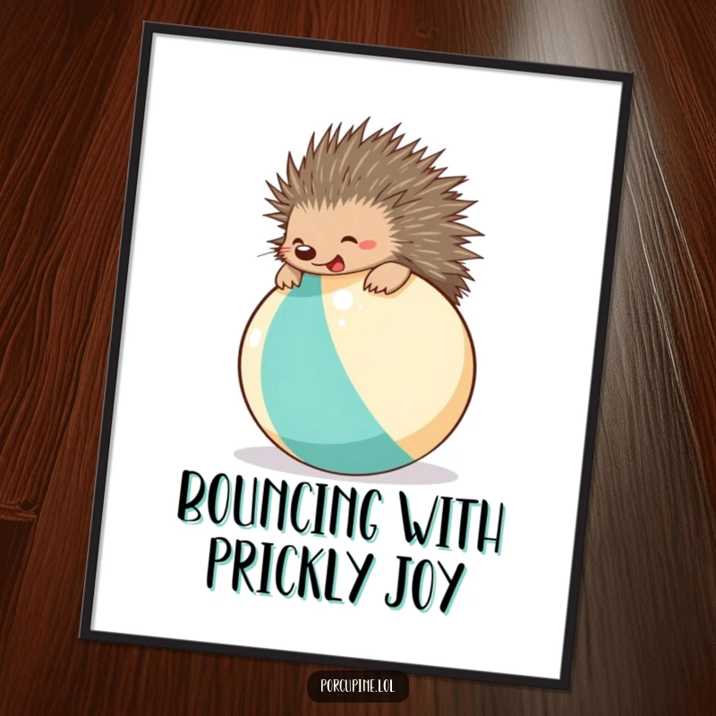 Funny beach ball porcupine digital art print depicting a joyous porcupine energetically bouncing on a beach ball, ready to liven up any room.