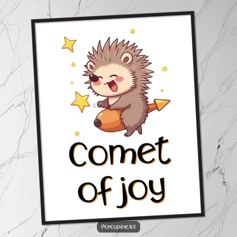 Funny Porcupine Digital Art: A porcupine giggling gleefully while riding a shooting star, creating a funny, exhilarating scene.