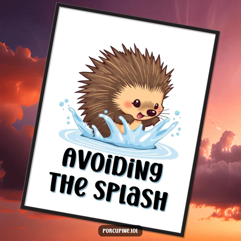 Funny dodging porcupine digital art print showing a porcupine playfully evading a water splash, perfect for adding dynamic and humorous decor.