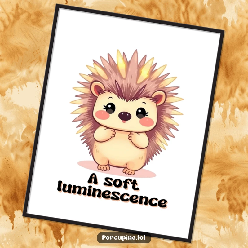 Funny digital art print showcasing a porcupine with softly glowing quills, creating a mystical and humorous ambiance.