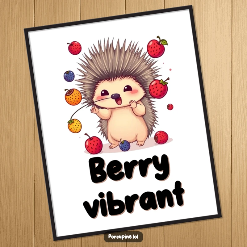 Funny digital art print of a porcupine juggling colorful berries with its quills, offering instant colorful charm and impressive skill.