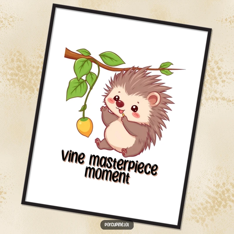 Funny digital art print of a kawaii porcupine playfully batting at a dangling vine, a delightful and humorous decoration.
