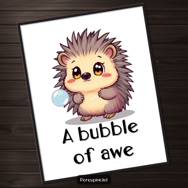 Funny Digital Art Print of a porcupine with large, amazed eyes, captivated by the surreal beauty of a shimmering bubble.