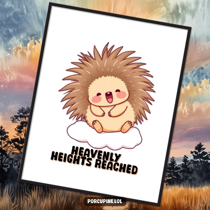 Funny Porcupine Digital Art: A cute porcupine happily bouncing on a soft cloud, radiating funny, pure happiness.