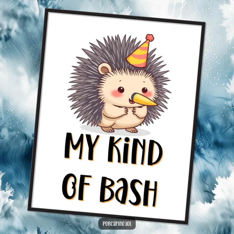 Funny porcupine digital art print of a porcupine wearing a party hat and blowing a horn, radiating festive and humorous vibes.