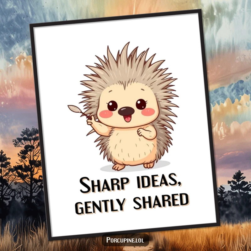 Funny Porcupine Digital Art Print: High-resolution download of a porcupine enthusiastically gesturing with one gentle quill, instant decor.