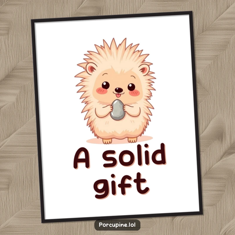 Funny digital art print of a happy porcupine presenting a single, shiny pebble, creating a heartwarming atmosphere.