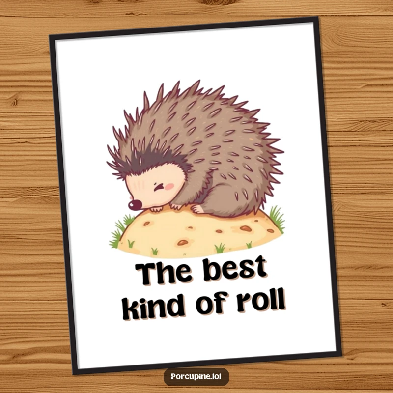 Funny digital art print of a porcupine rolling downhill with quills spread, capturing a moment of pure, hilarious excitement.
