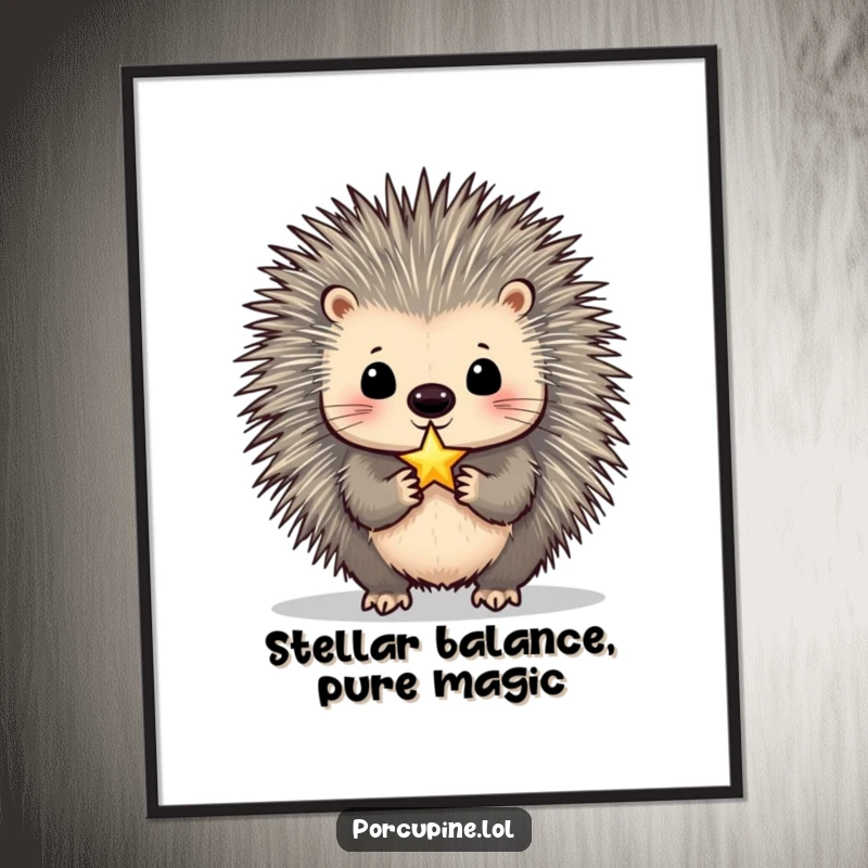 Funny Porcupine Digital Art Print: High-resolution download of a porcupine balancing a tiny, shimmering star on its nose with hilarious concentration, instant decor.