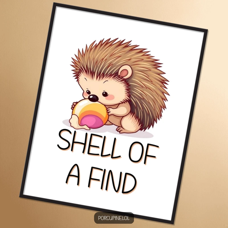Funny seashell porcupine digital art print showing a porcupine curiously inspecting a colorful seashell, perfect for adding coastal charm and humor.