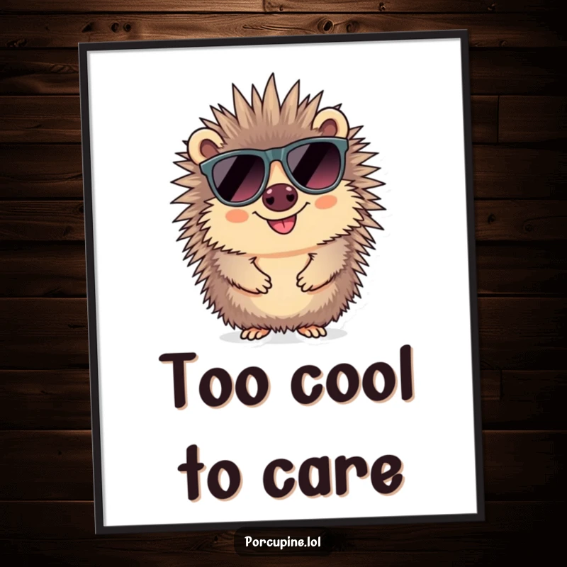 Funny sunglasses porcupine digital art print showing a smiling porcupine sporting large sunglasses, exuding a cool and confident look.