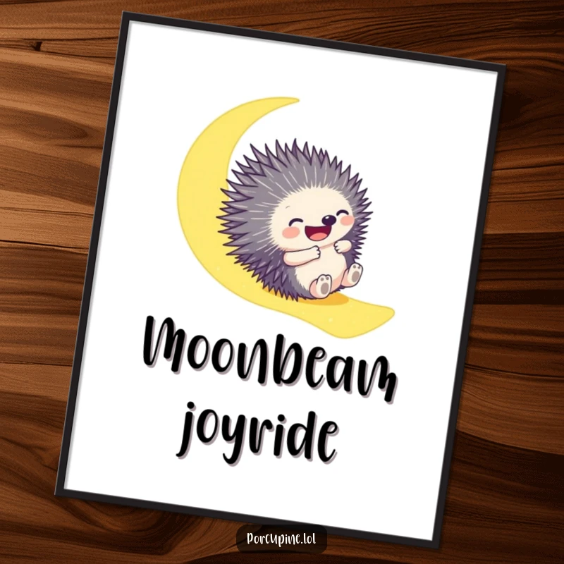 Funny digital art print featuring a porcupine gleefully sliding down a luminous moonbeam, offering whimsical and humorous screen decor.