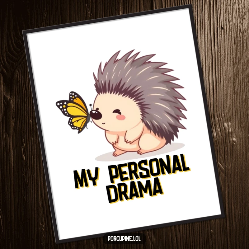 Funny porcupine digital art print of a porcupine with wide, surprised eyes as a butterfly lands on its nose, capturing humor.