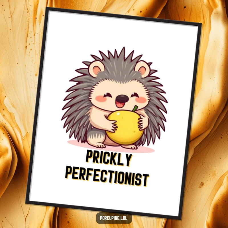 Funny digital art print of a smiling porcupine comically balancing a small fruit on its quills, perfect for humorous wall decor.