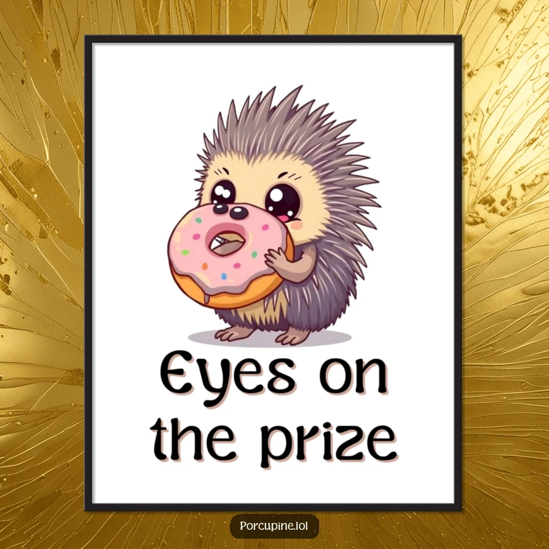 Funny digital art print of a porcupine with huge eyes holding a giant donut, ready to bring joy and sweetness.