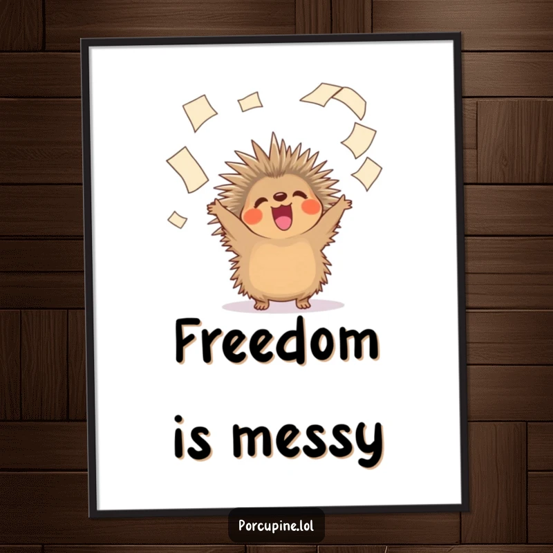 Funny digital art print of a porcupine ecstatically tossing papers, ready to be printed and bring laughter to any room.