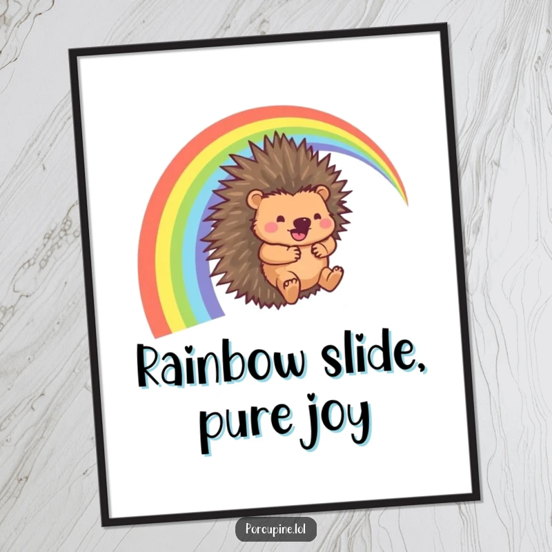 Funny Porcupine Digital Art Print: High-resolution download of a porcupine sliding joyfully down a rainbow arc with a whooshing sound, instant decor.