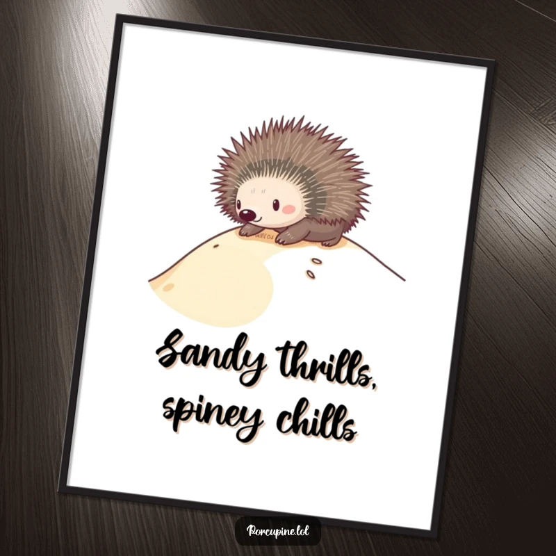 Funny digital art print of a porcupine sliding down a sand dune, perfect for adding a whimsical and humorous touch.
