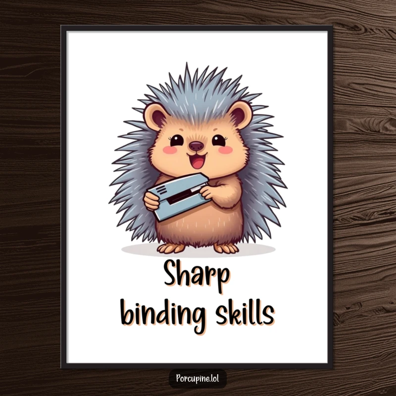 Funny digital art print of a porcupine holding a miniature stapler triumphantly, conveying a sense of achievement and humor.