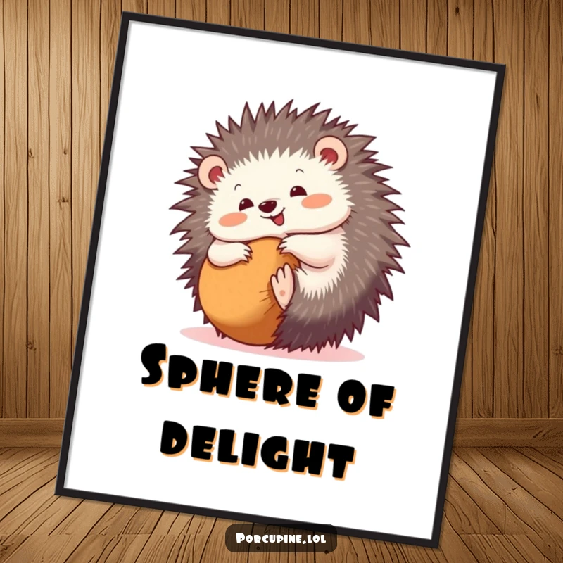 Funny digital art print of a porcupine happily rolling into a ball, offering instant playful charm and a cheerful vibe.