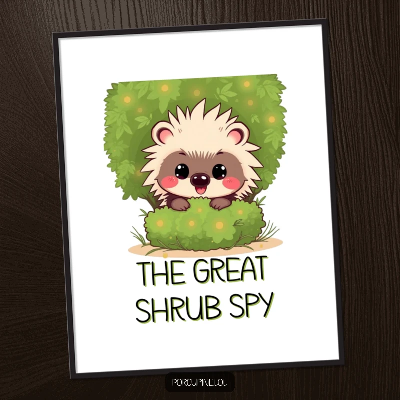 Funny Kawaii Porcupine Digital Art Print: Cute cartoon porcupine with a mischievous grin, peeking from behind a shrub, charming wall art.