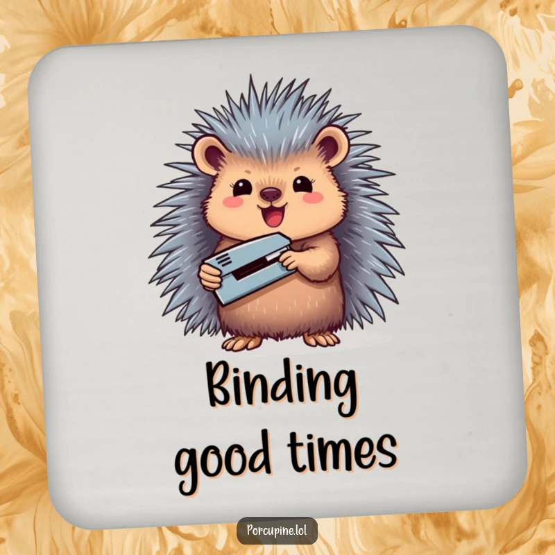 Funny drink coaster featuring a porcupine triumphantly holding a miniature stapler, adding office humor to any drink.