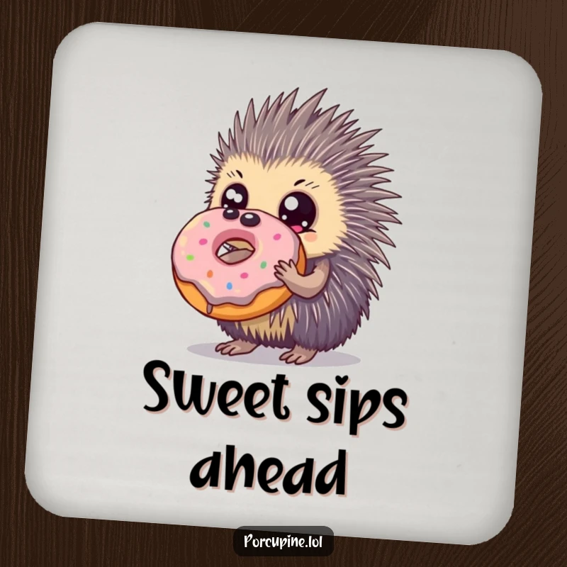 Funny drink coasters featuring a porcupine with huge eyes holding a giant donut, adding a sweet and humorous touch.