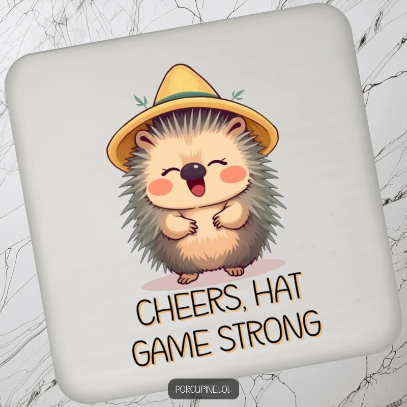 Funny drink coaster with a porcupine wearing a straw hat and giggling, adding a whimsical and protective touch to tables.