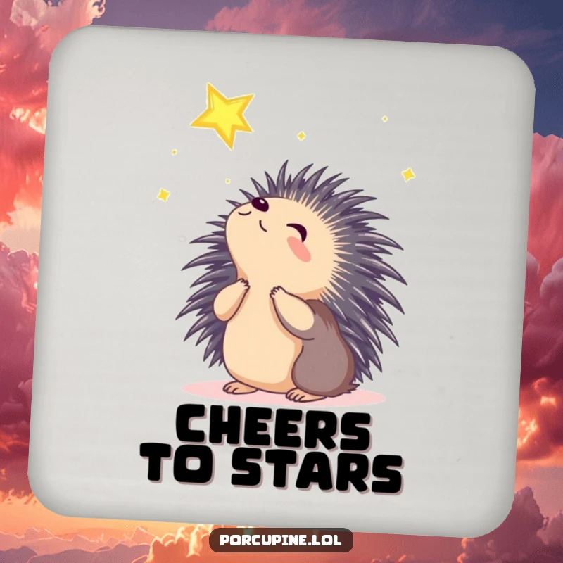 Funny wondering porcupine coasters featuring a porcupine looking at a shining star with wonder, protecting furniture with magic.