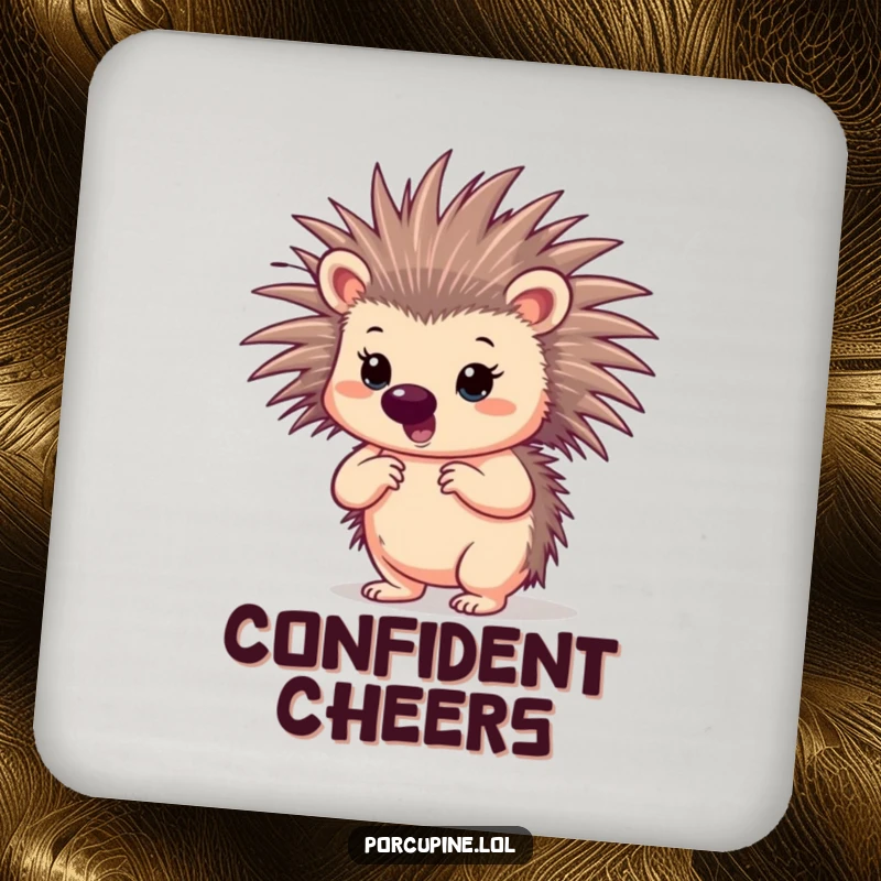 Funny confident porcupine coasters featuring a porcupine striking a bold pose with spread quills, protecting furniture with confidence.