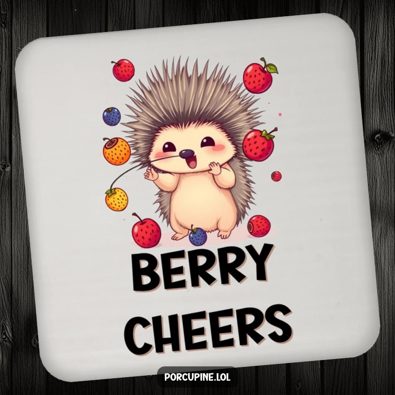 Funny drink coaster with a porcupine juggling colorful berries with its quills, adding skillful humor and colorful protection.