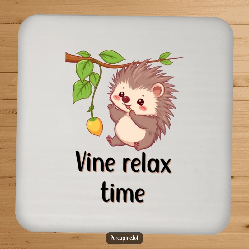 Funny drink coaster featuring a kawaii porcupine playfully batting at a dangling vine, a cute and protective accessory.