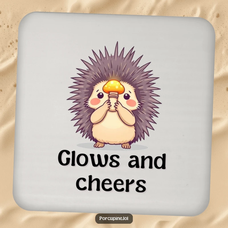 Funny drink coaster with a porcupine holding a small, glowing mushroom aloft, adding enchanting humor and surface protection.