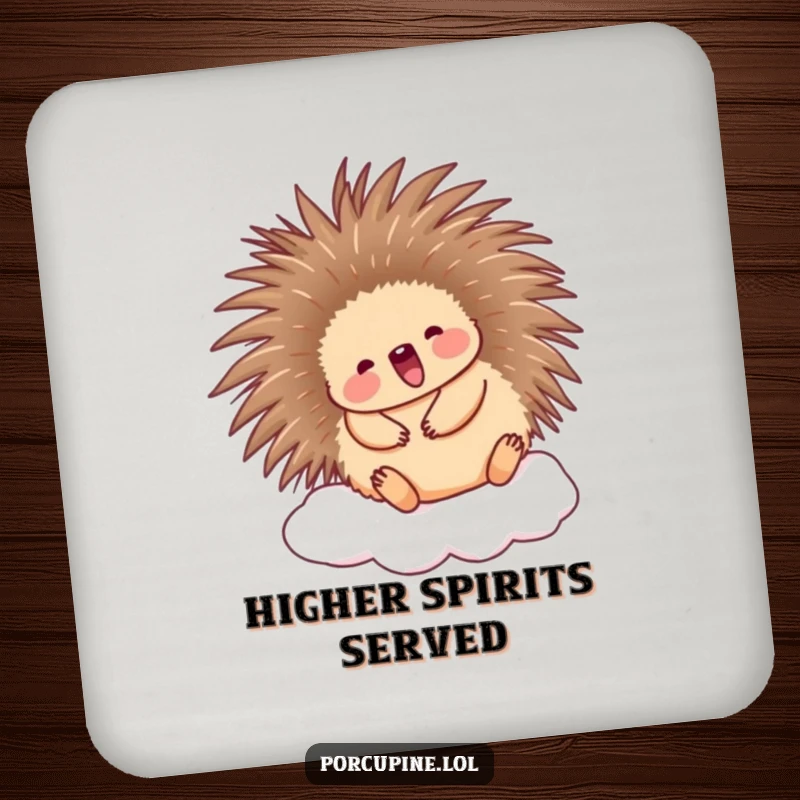Funny Porcupine Coaster: Cute porcupine bouncing on a cloud, offering protection and funny charm for your drinks.