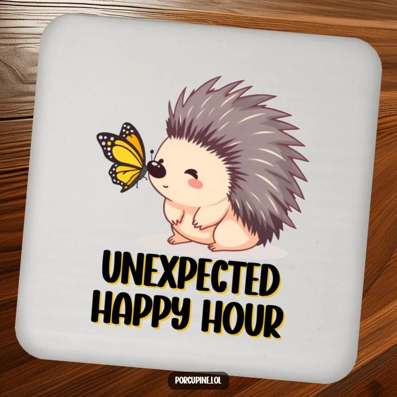 Funny porcupine coaster featuring a porcupine looking surprised by a butterfly landing, adding unexpected humor to drink protection.