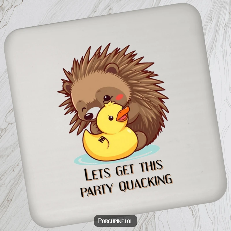 Funny drink coaster featuring a porcupine playfully poking a rubber ducky, adding a humorous and protective element to tables.