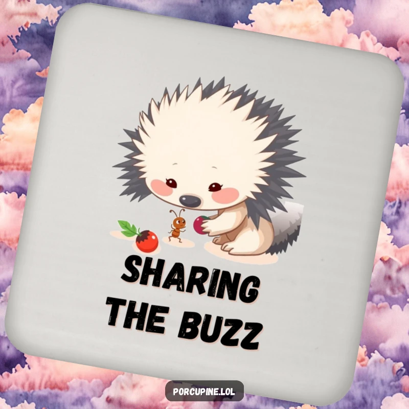 Funny drink coaster art of a porcupine sharing a berry with a tiny ant, adding a touch of kindness and humor.