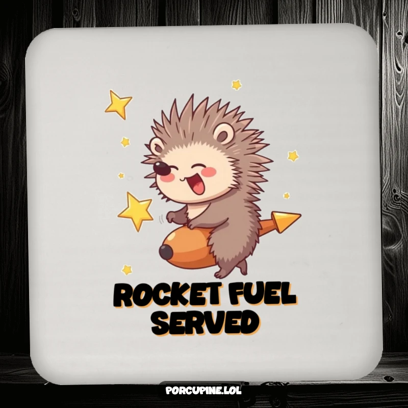 Funny Porcupine Coaster: Porcupine giggling while riding a shooting star, offering protection and funny cosmic charm.