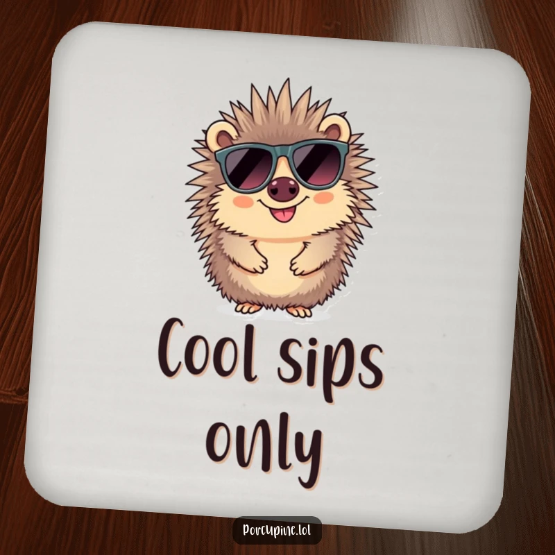 Funny sunglasses porcupine coaster with a smiling porcupine wearing oversized sunglasses, protecting surfaces with a cool and humorous design.