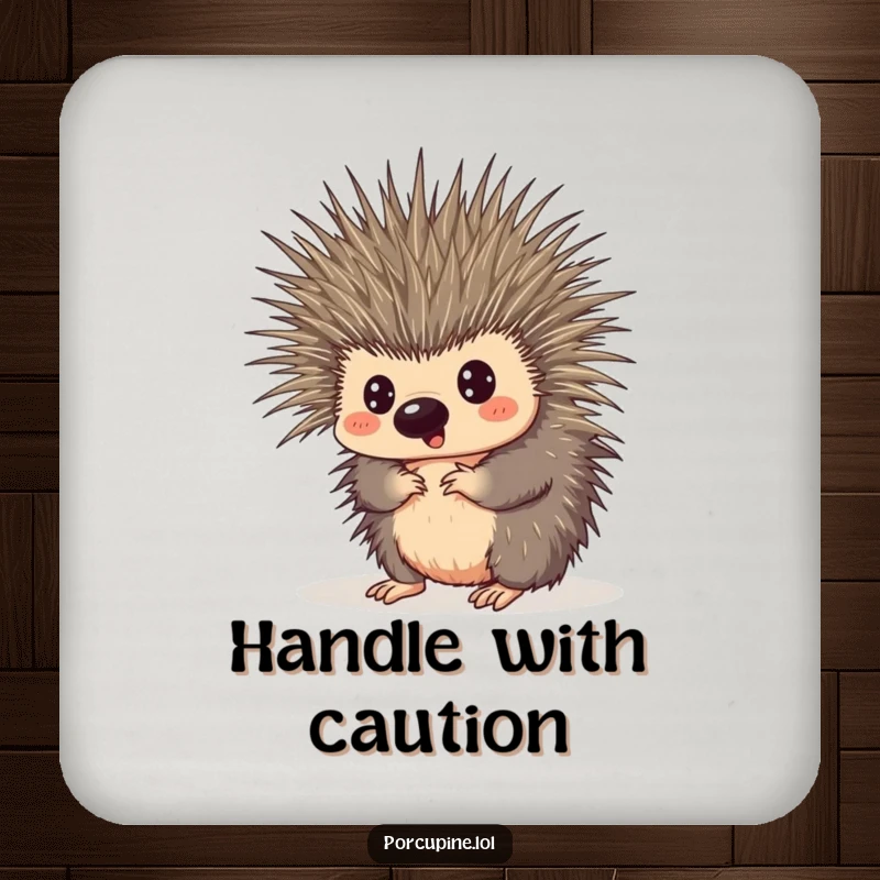 Funny drink coaster featuring a porcupine comically tangled in its own quills, looking surprised, offering humorous surface protection.