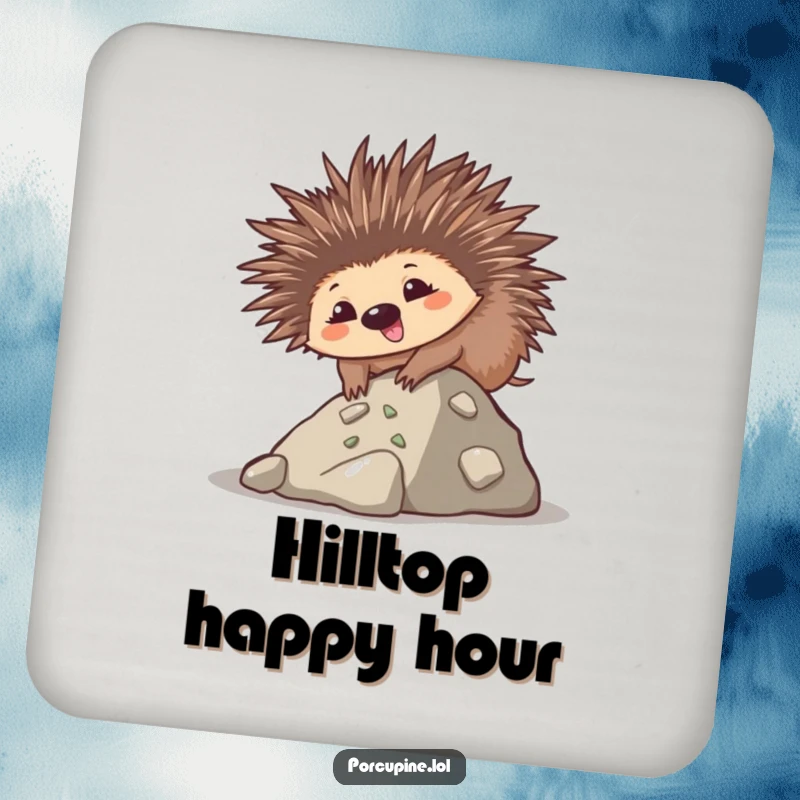 Funny drink coaster featuring a goofy kawaii porcupine smiling while climbing a small hill, a determined and humorous accessory.