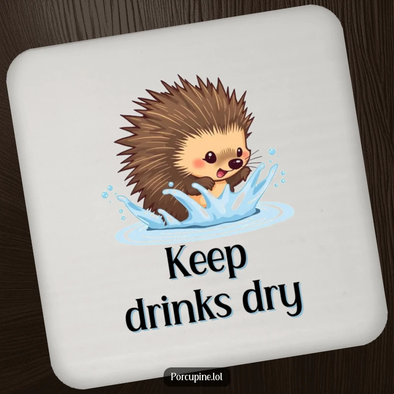 Funny dodging porcupine coaster with a porcupine playfully dodging a water splash, protecting surfaces with a humorous and agile design.