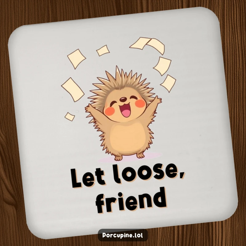Funny drink coasters illustrating a porcupine gleefully tossing papers, adding a humorous touch to any tabletop.
