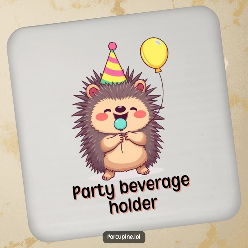 Funny porcupine coaster wearing a party hat, joyfully popping a balloon, stylish and protective.