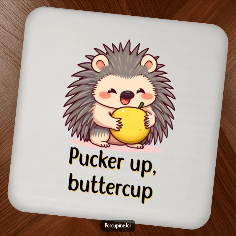 Funny drink coaster featuring a smiling porcupine struggling to balance a small fruit on its quills, protecting surfaces with humor.